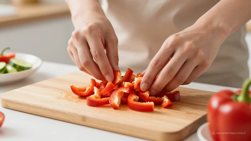 Iemand die rode paprika snijdt in de keuken.
