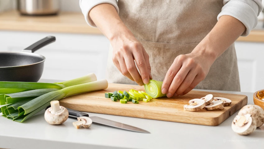 Groenten en ingrediënten voor quiche worden voorbereid in keuken.