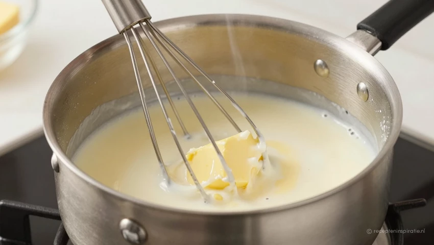 Melk en boter smelten in een steelpan.