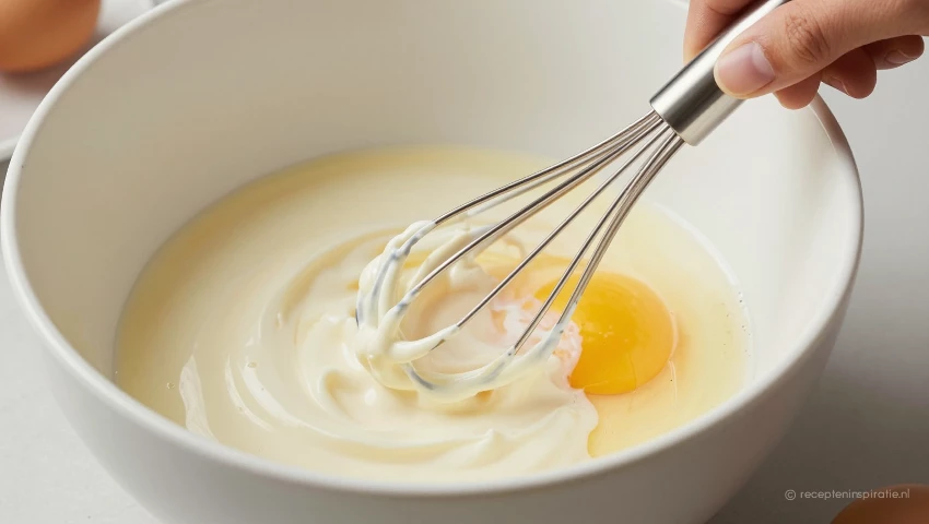 Hand klopt eieren en room in kom, van bovenaf.