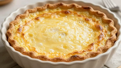 Quiche bakt in de oven, gouden korst.