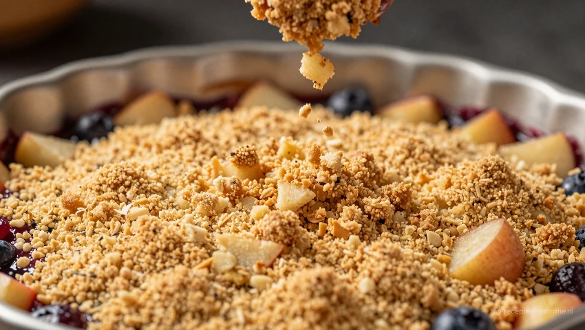 Crumble wordt over het fruit gestrooid in een bakvorm.