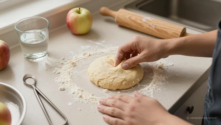 Luchtfoto van een keuken met deeg en bakgereedschap.