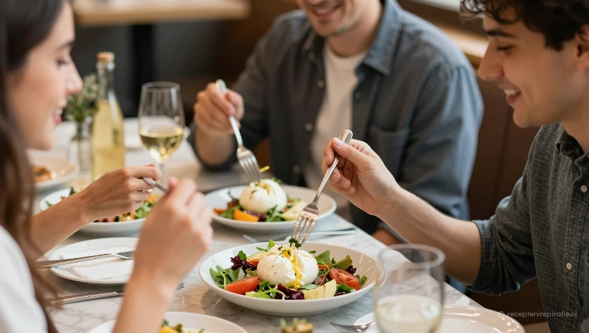 Vrienden delen de salade aan tafel.