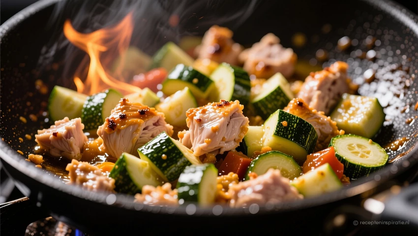 Close-up van sissende kip en courgette in een hete pan.
