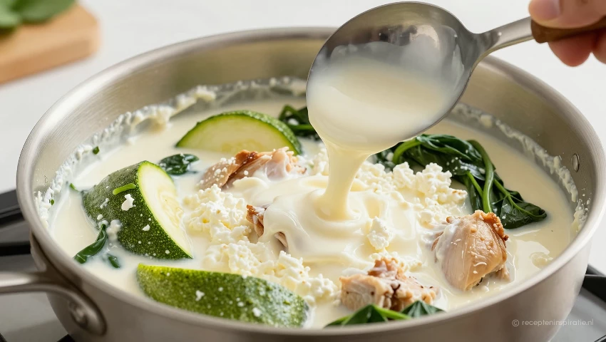 Huttenkase wordt gemengd met kip, courgette en spinazie.