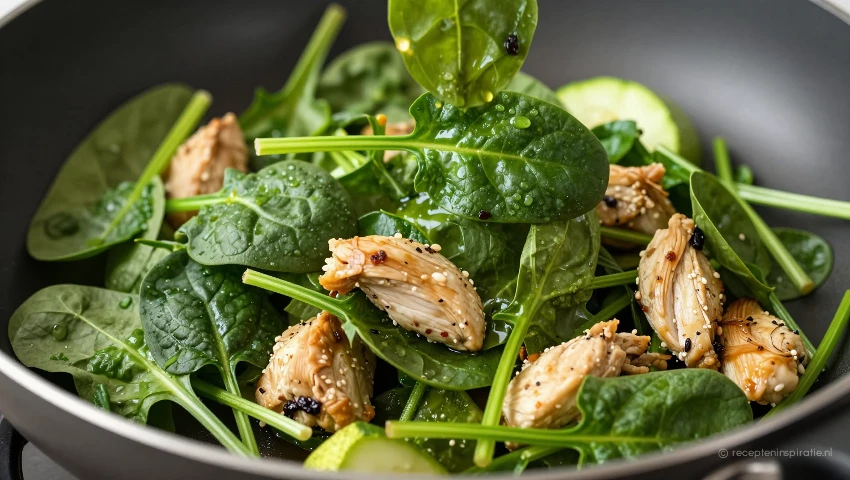 Macrofoto van spinazie die wordt omgeroerd met kip en courgette.