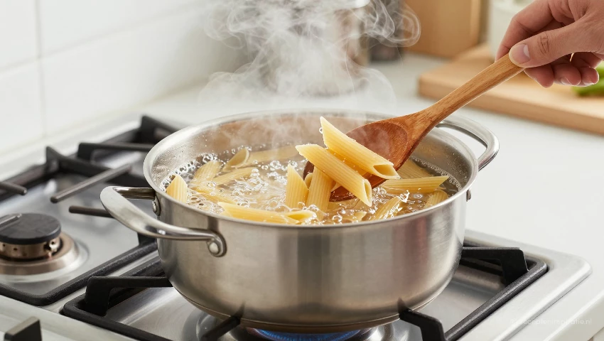 Pasta wordt toegevoegd aan kokend water in een moderne keuken.