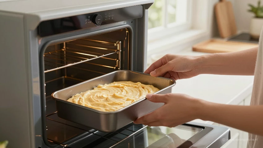 Iemand plaatst een cakevorm in een oven.