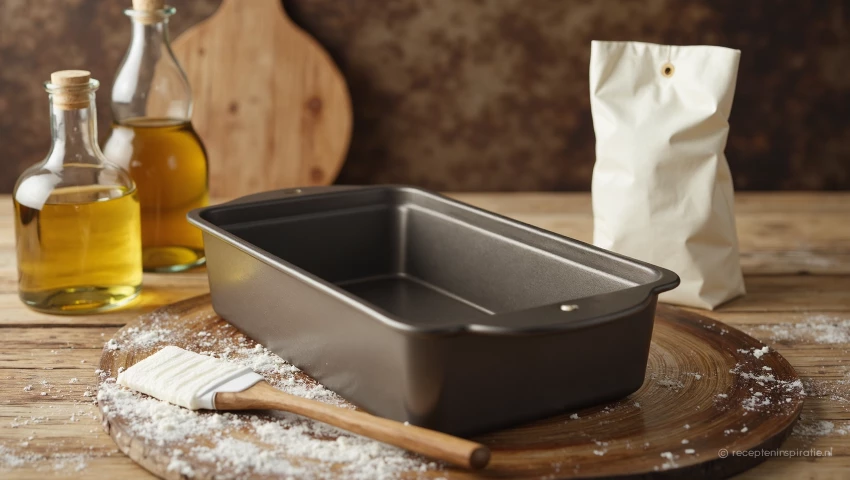 Benodigdheden voor het invetten van een cakevorm op een aanrecht.