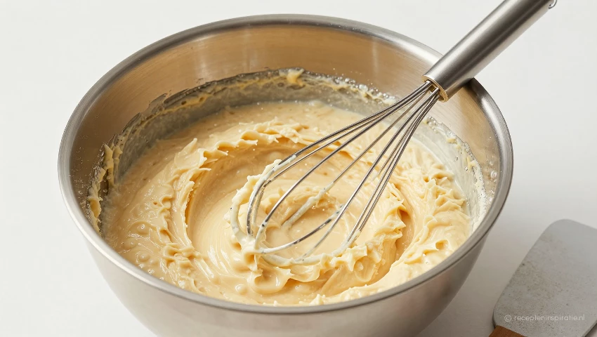 Cakebeslag met een whisk en spatel.