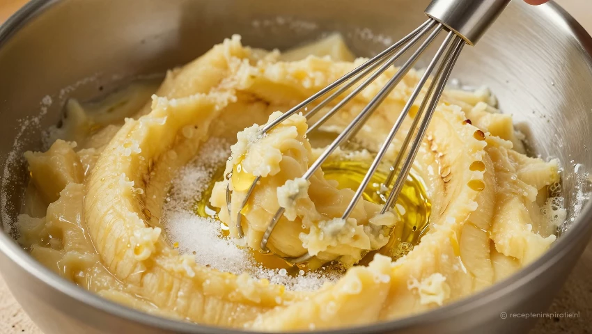 Detailopname van gepureerde bananen en andere ingrediënten.