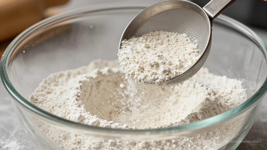 Bloem en bakpoeder worden gezeefd in een kom.