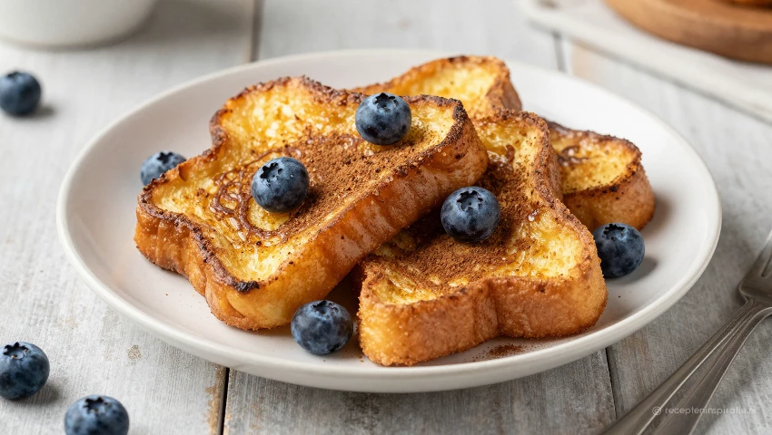 Wentelteefjes met bessen op een rustieke tafel.