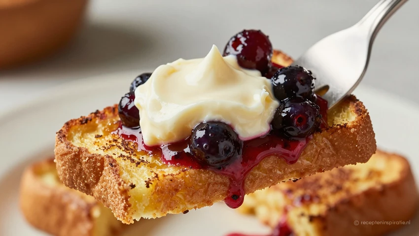 Detailopname van een hap Franse toast met topping.