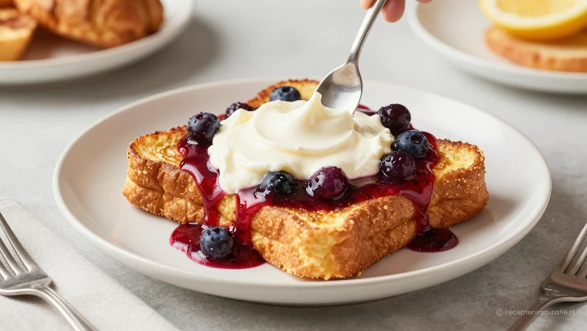Persoon geniet van Franse toast tijdens een brunch.