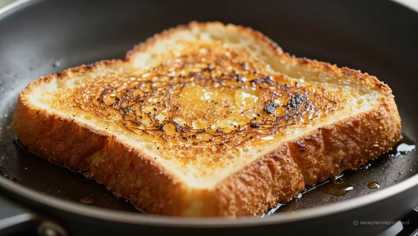Detailopname van Franse toast die in een pan bakt.