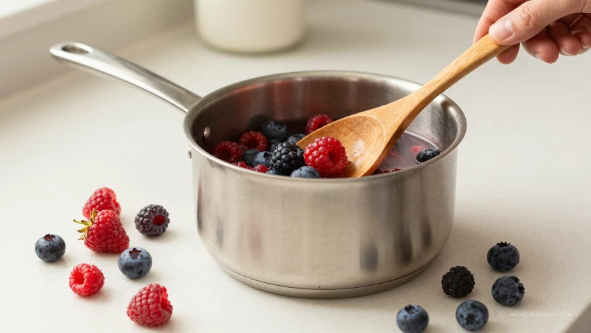 Overzicht van een keuken met ingrediënten voor bessencompote.