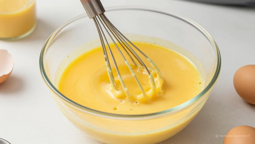 Eieren, melk en vanille worden losgeklopt in een kom.