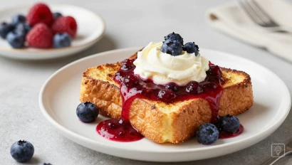 Een mooi opgemaakte Franse toast, met bessen en room.