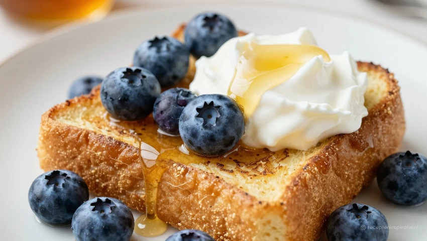 Detail van wentelteefje met honing en yoghurt.