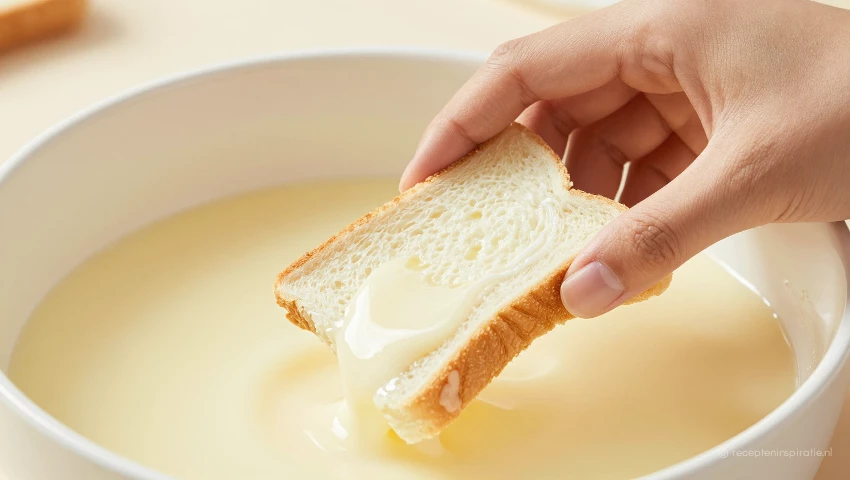 Hand dipt brood in het mengsel, lifestyle.