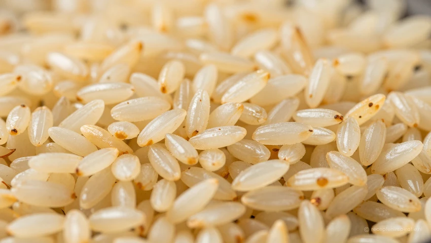 Close-up van rijstkorrels die in de pan bakken.