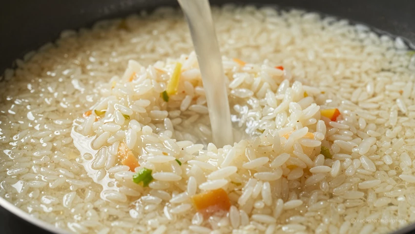 Bouillon stroomt over de rijst, close-up.