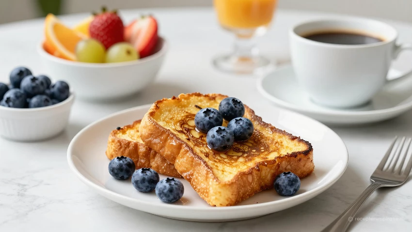 Ontbijttafel met wentelteefjes en vers fruit.