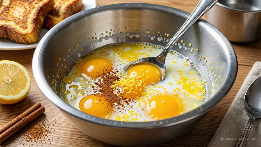 Eieren, melk en citroen worden gemengd voor wentelteefjes.