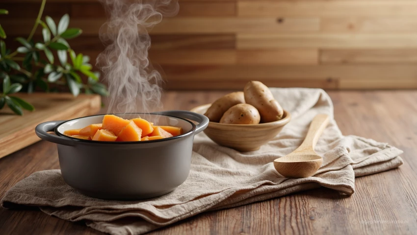 Gestoomde aardappelen, lepel en theedoek op een aanrecht.