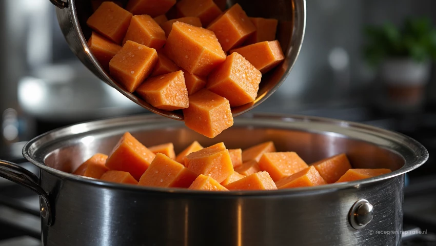 Helder oranje zoete aardappelstukjes in een pan.