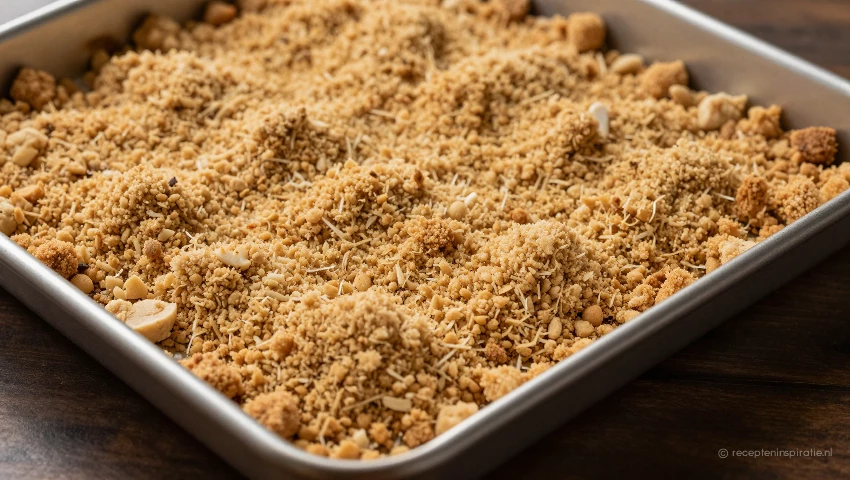 Van bovenaf: goudbruine crumble op een donker houten aanrecht.