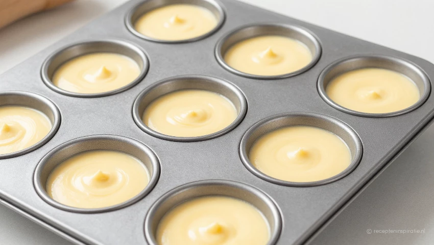 Cheesecake beslag wordt verdeeld over kleine vormpjes.