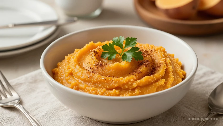 Aardappelpuree op een mooi gedekte tafel.