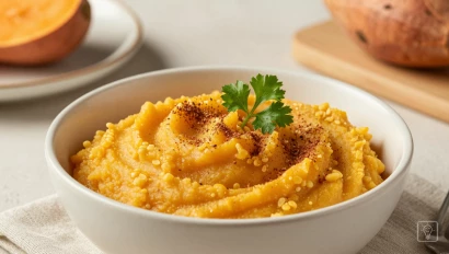 Aardappelpuree op een mooi gedekte tafel.