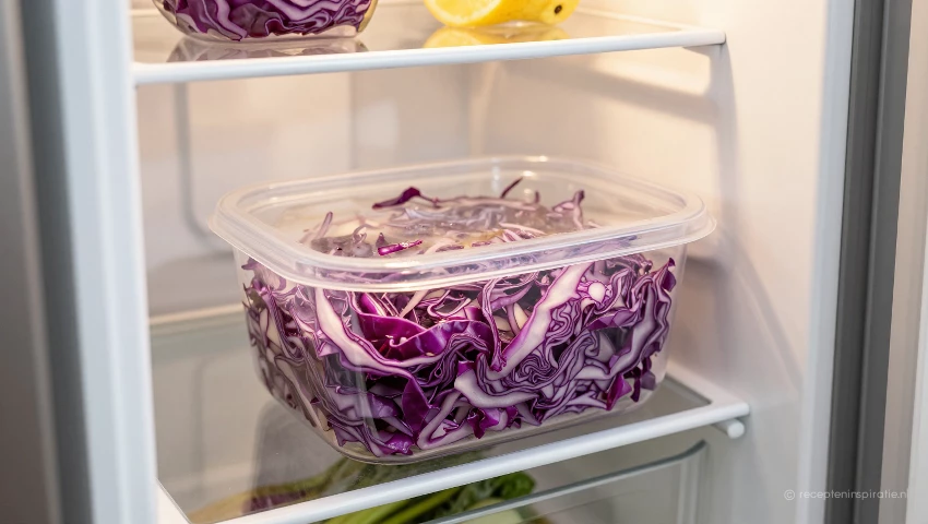 Restjes rode koolsalade in de koelkast.