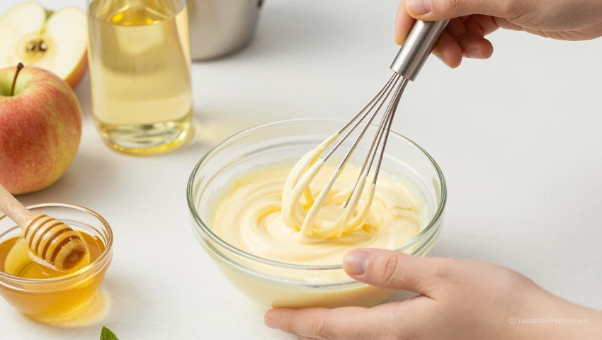 Saladedressing wordt gemaakt in de keuken.