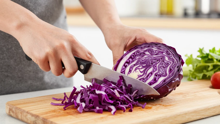 Rode kool wordt fijn gesneden op een houten snijplank.
