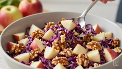 Rode kool, appel en walnoten worden gemengd.
