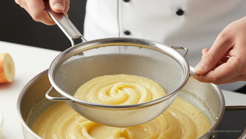 Pastinaakpuree wordt door een zeef gehaald voor een gladde textuur.