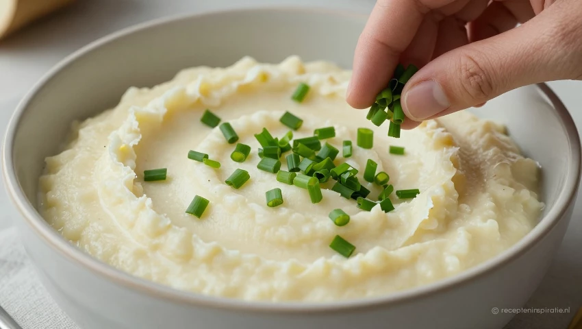 Pastinaakpuree wordt gegarneerd met verse bieslook.