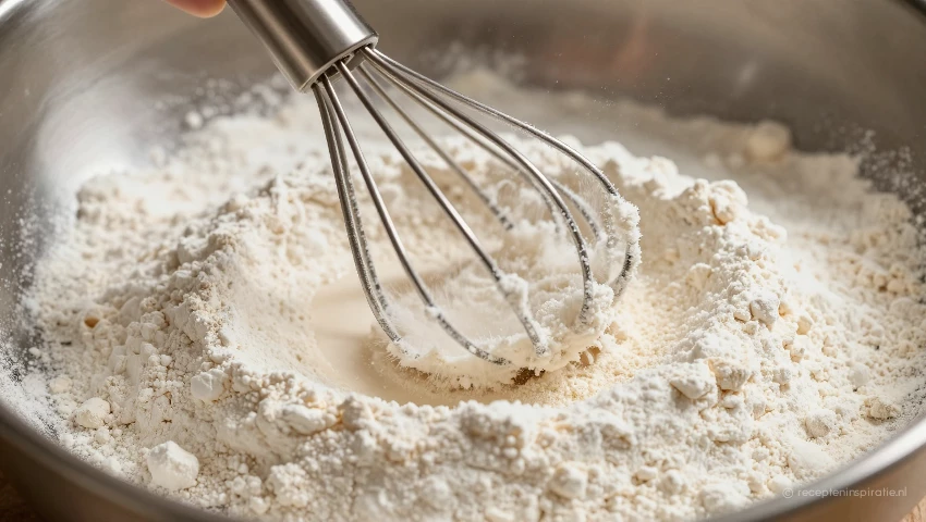 Een garde mengt bloem en suiker