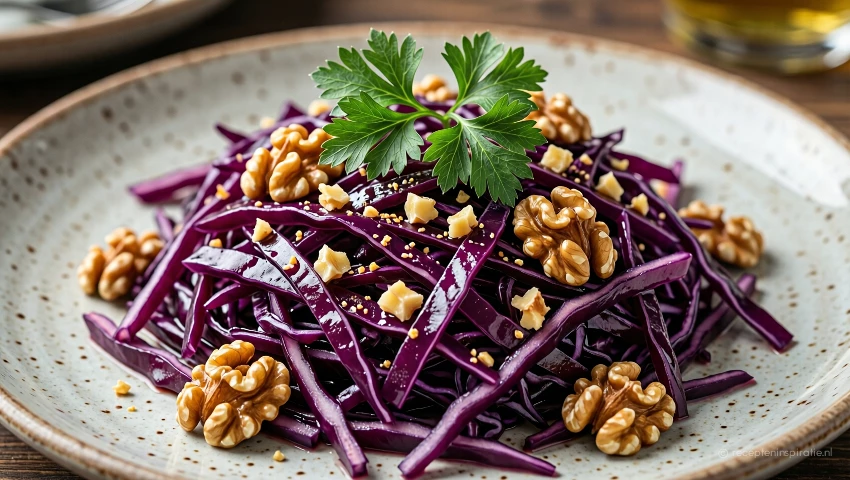 Detailopname van rode koolsalade met garnering.